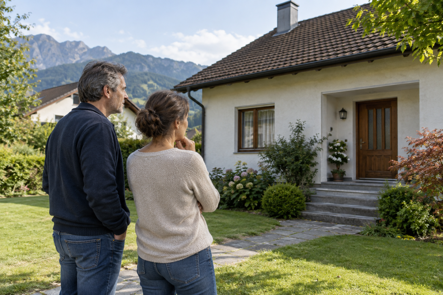 Zwei erwachsene Geschwister stehen vor dem bisher bewohnten Elternhaus